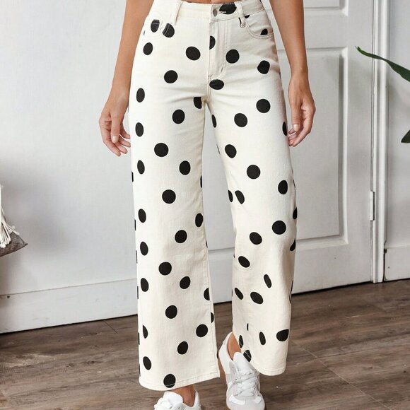 Khaki Casual Women's Color-Block Polka Dot Print Straight Leg Jeans - Picture 7 of 7